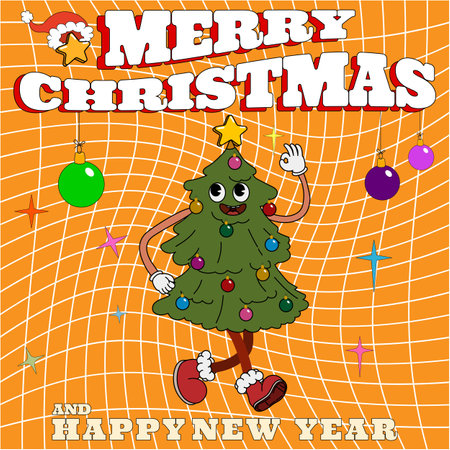 Groovy hippie Christmas poster. Christmas tree in trendy retro cartoon styleのイラスト素材