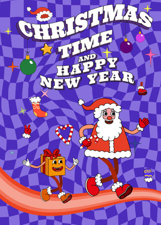 Groovy hippie Christmas poster. Santa Claus and Gift Box n trendy retro cartoon styleのイラスト素材