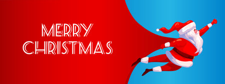 Santa Claus flying Superhero delivery huge bag of Christmas gifts. Merry Christmas bannerのイラスト素材