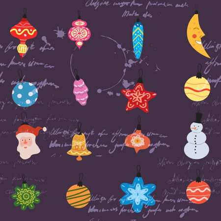 Retro Christmas seamless pattern balls, toys unreadable text. Doodle vintage iconsのイラスト素材