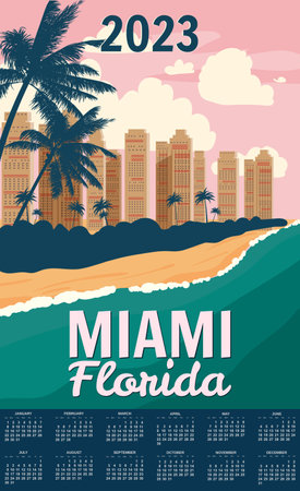 Monthly calendar 2023 year Miami Beach, City Skyline, Retro Poster. Lifeguard house, coast, surf, ocean. Vector illustration vintageのイラスト素材