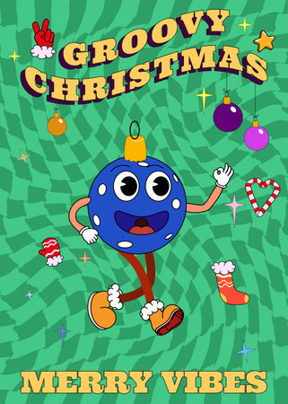 Groovy hippie Christmas poster. Christmas Ball in trendy retro cartoon styleのイラスト素材