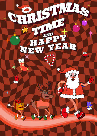 Groovy hippie Christmas poster. Santa Claus, Deer and Gift Box n trendy retro cartoon styleのイラスト素材