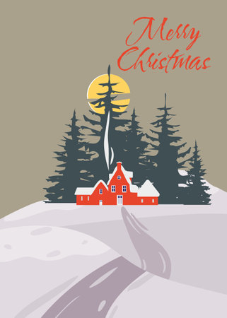 Vintage poster Merry Christmas. Winter village rural winter snow landscape, sunset, retroのイラスト素材