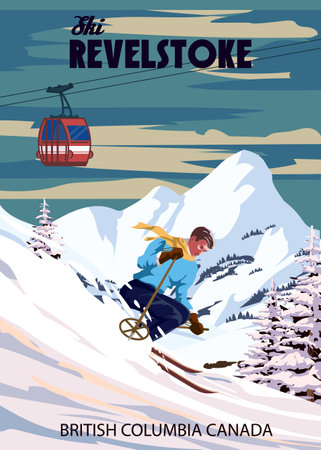 Travel poster Ski Revelstoke resort vintage. Canada winter landscape travel cardのイラスト素材
