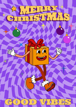 Groovy hippie Christmas poster. Gift box in trendy retro cartoon styleのイラスト素材
