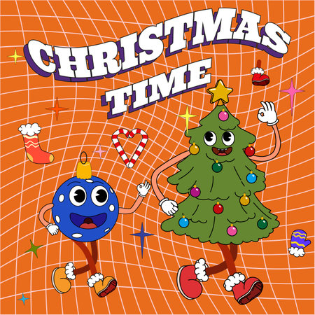 Groovy hippie Christmas poster. Christmas Tree and Blue Ball in trendy retro cartoon styleのイラスト素材