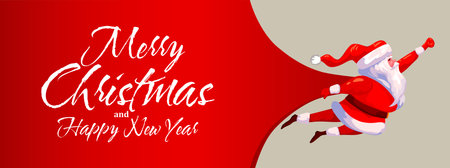 Merry Christmas banner. Santa Claus flying Superhero delivery huge bag of Christmas gifts.のイラスト素材