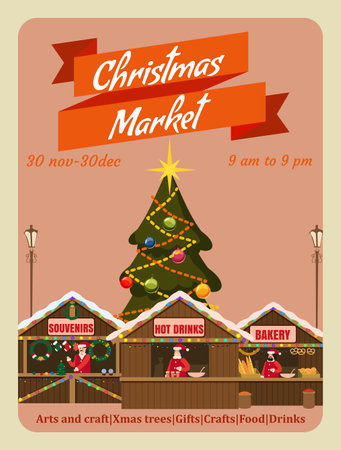 Christmas Market poster. Xmas Fair card with decorated Christmas treeのイラスト素材