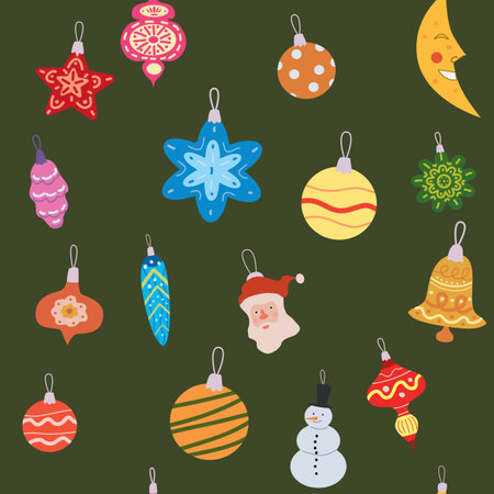 Christmas seamless pattern retro balls, toys. Doodle vintage iconsのイラスト素材