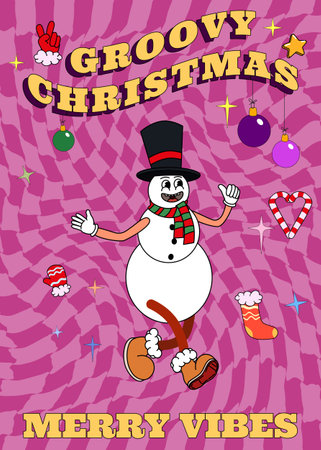 Groovy hippie Christmas poster. Snowman in trendy retro cartoon styleのイラスト素材