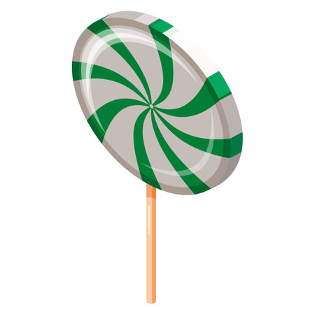 Lollipop Swirl Candy Spiral Isometric. Sweet spiral striped caramel, on stick, vector cartoon styleのイラスト素材