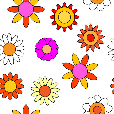 Groovy hippie flower seamless pattern. Colorful flowers trendy background retro trippy 70s styleのイラスト素材