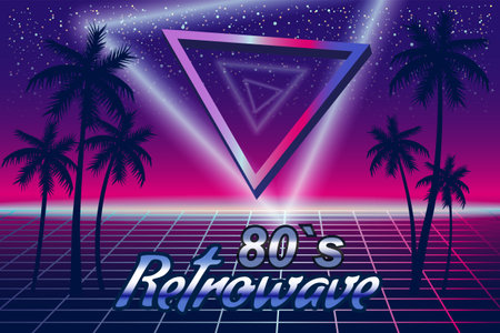 Retrowave 80s retro banner vaporwave aesthetic background. Palms silhouette triangle grid 3d, sunset Synthwaveのイラスト素材