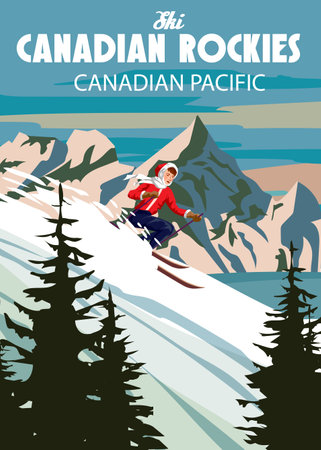 Travel poster Canadian Rockies Ski resort vintage. Canada winter landscape travel cardのイラスト素材