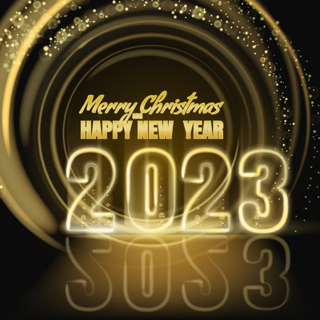 Merry Christmas and Happy New Year 2023, gold lights dust decoration, golden magic glow on dark background. Merry Christmas holiday celebration. Vector illustration banner greeting cardのイラスト素材