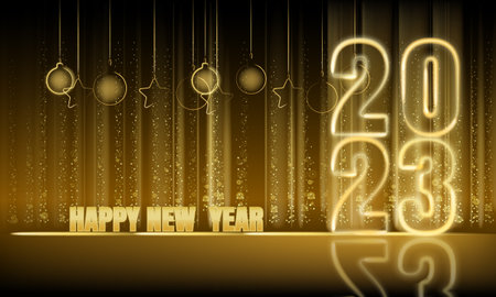 Happy New Year 2023, gold lights dust decoration, golden magic glow on dark background. Holiday celebration. Vector illustration banner greeting cardの写真素材