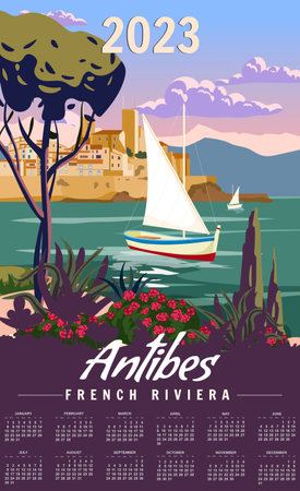 Monthly calendar 2023 year French Riviera Antibes Retro Poster. Tropical coast scenic view, palm, Mediterranean marine, sea town, sailboat.のイラスト素材