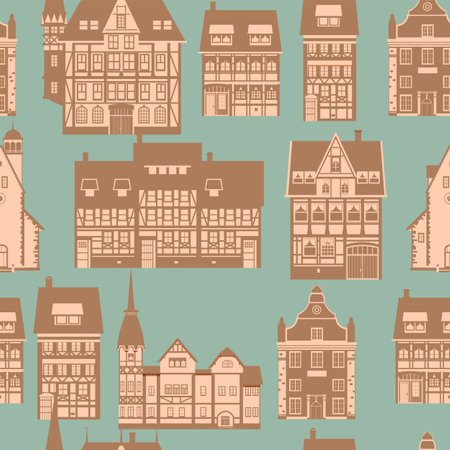 Medieaval Old city seamless pattern, flat style. Autumn landscape city architectureのイラスト素材