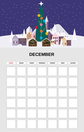 December Calendar Planner month. Minimalistic Christmas city landscape natural backgrounds Winter. Monthly template for diary business. Vector isolatedのイラスト素材