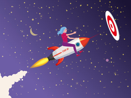 Businesswoman on a rocket fly through sky to target. Start up, goal achievement metaphors. Space stars background. Vector illustrationのイラスト素材