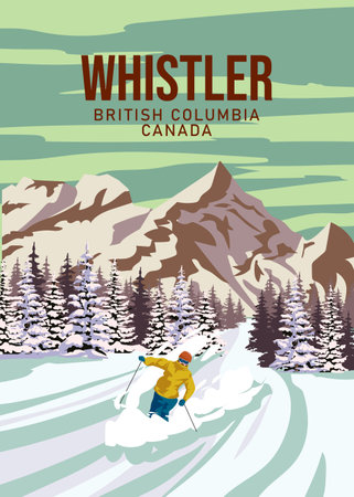 Whistler Travel Ski resort poster vintage. Canada, British Columbia winter landscape travel cardのイラスト素材