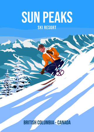 Travel poster Ski Sun Peaks resort vintage. Canada winter landscape travel cardのイラスト素材