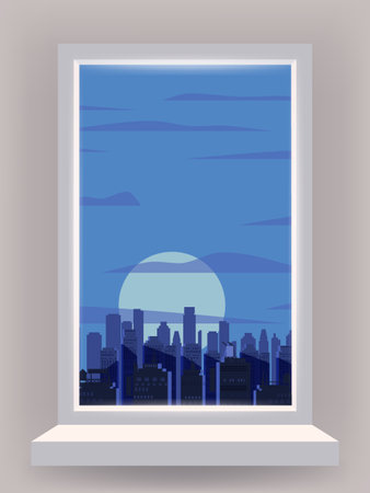 Window view interior, night city, skyscrapers, buildings, moon.のイラスト素材