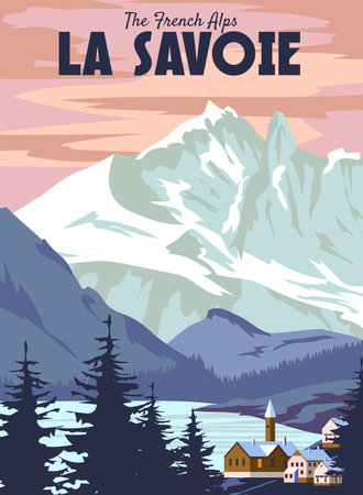 La Savoie Ski resort poster, retro. Winter travel card vintageのイラスト素材