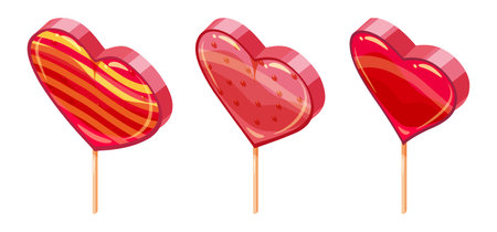 Set of Candy Sugar Heart Lollypops Isometric. Sweet food icon cartoon styleのイラスト素材