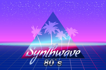 Synthwave 80 s retro banner vaporwave aesthetic background. Palms silhouette triangle grid 3d, sunset retrowaveのイラスト素材