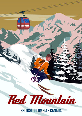 Travel poster Ski Red Mountain resort vintage. Canada winter landscape travel cardのイラスト素材