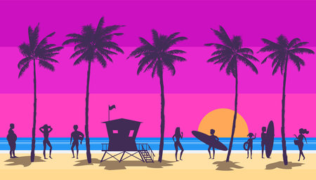 Beach landscape with Lifeguard Station, people on vacation. Palms, sea, ocean, coast view, sunsetのイラスト素材