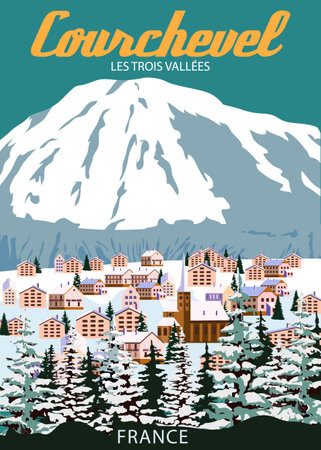 Travel poster Ski Courchevel resort vintage. France winter landscape travel cardのイラスト素材