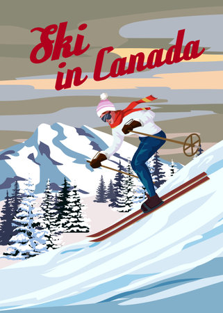 Travel poster Ski in Canada vintage. Canada winter landscape travel cardのイラスト素材