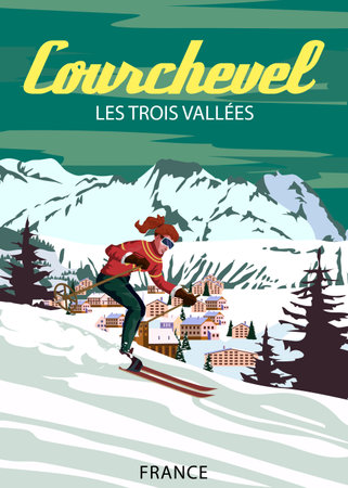 Travel poster Ski Courchevel resort vintage. France winter landscape travel cardのイラスト素材