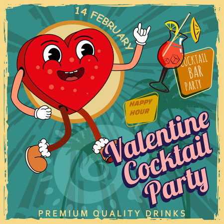 Retro Happy Valentine Day Cocktail party cardのイラスト素材