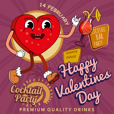 Retro Happy Valentine Day cocktail party posterのイラスト素材