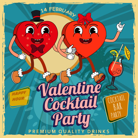 Retro Happy Valentine Day Cocktail party cardのイラスト素材