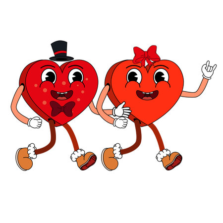 Groovy Valentine Day couple heart characters icon sticker set trendy vintage 70s 60s aestheticsのイラスト素材