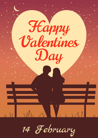 Happy Valentines Day poster, retro. Silhouette loving couple on the bench at nightのイラスト素材