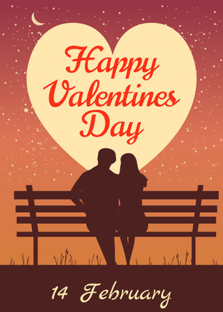 Illustration pour Happy Valentines Day poster, retro. Silhouette loving couple on the bench at night - image libre de droit