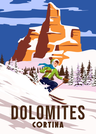 Vintage Travel poster Ski Dolomites resort. Italy winter landscape travel cardのイラスト素材