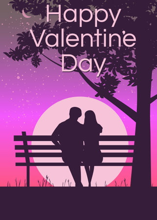 Silhouette loving couple on the bench at night. Happy Valentines Day posterのイラスト素材