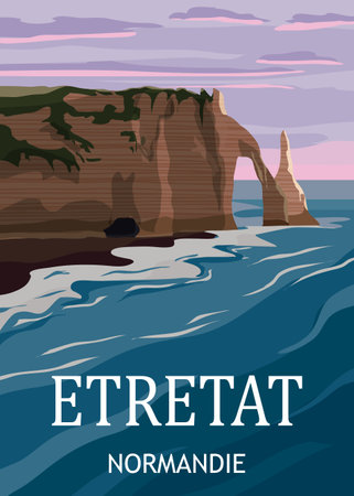 Travel poster Etretat France, vintage seascape rock cliffのイラスト素材