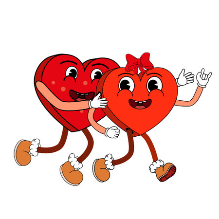 Groovy Valentine Day heart character icon sticker set trendy vintage 70s 60s aestheticsのイラスト素材