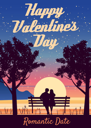 Happy Valentines Day poster, retro. Silhouette loving couple on the bench at night sea resortのイラスト素材