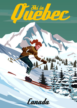 Travel poster Ski Quebec resort vintage. Canada winter landscape travel cardのイラスト素材