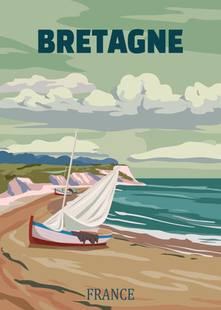 Travel poster Bretagne France, vintage sailboat, seascape sand seashore landscapeのイラスト素材