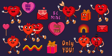 Groovy Valentine Day icon sticker set trendy vintage 70sのイラスト素材